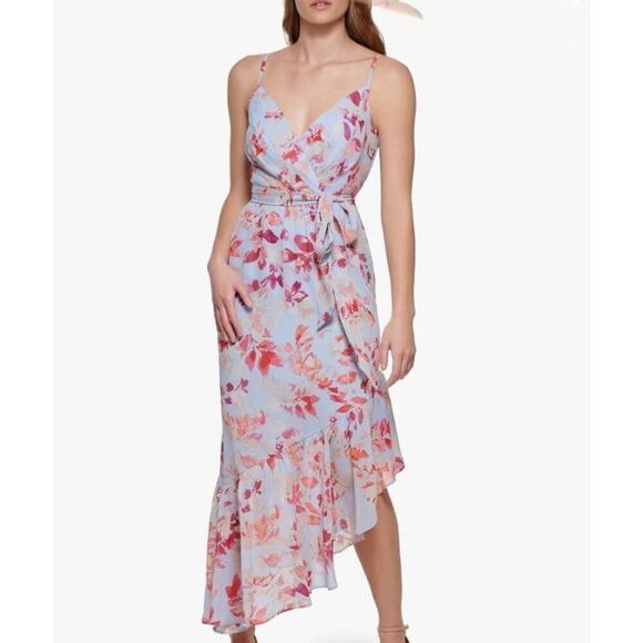 Eliza J Women's V-Neck Blue/Pink Floral Ruffle Hem Asymmetrical Maxi Dress Size - Picture 1 of 5